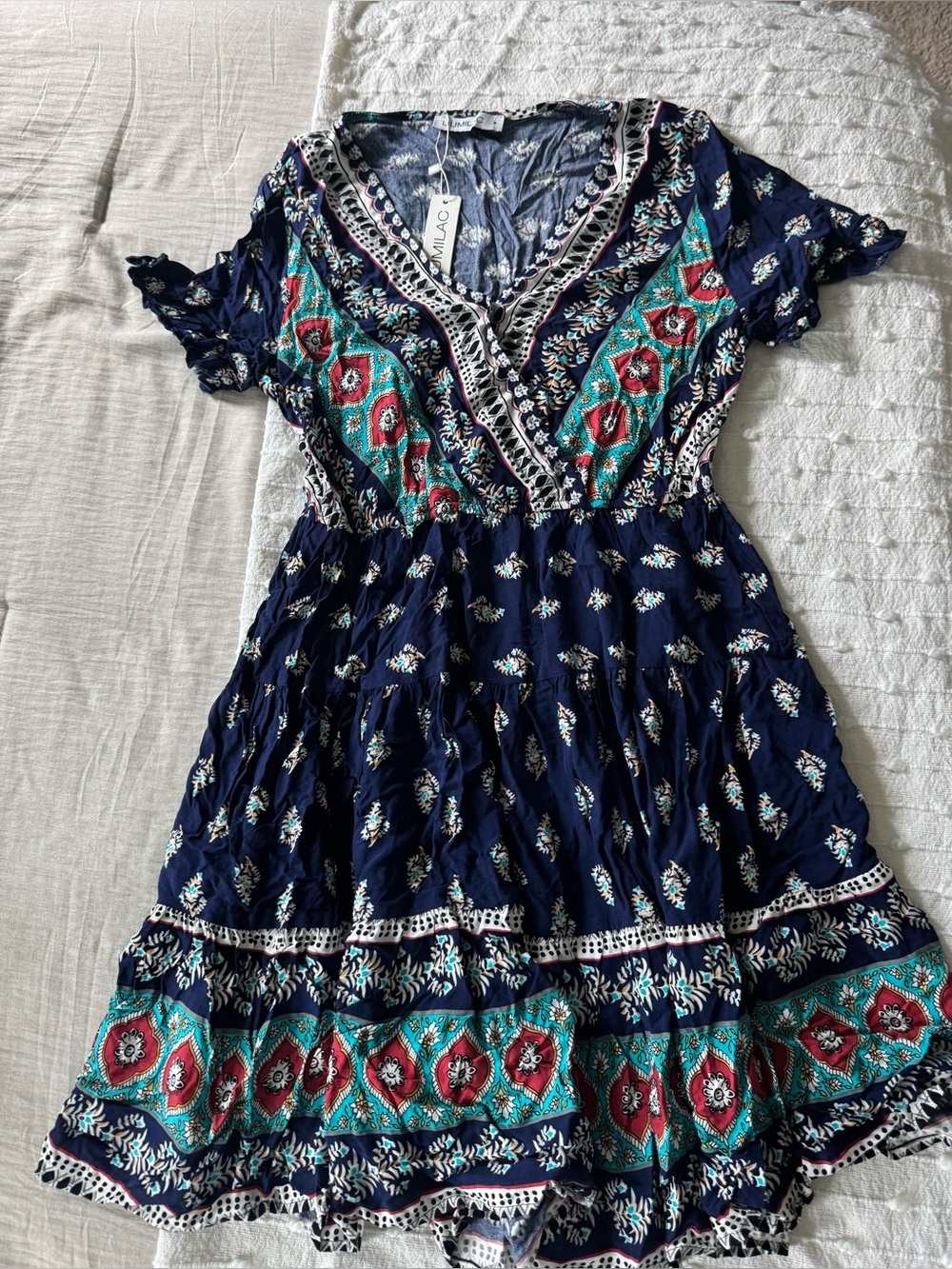 NWT Liumilac boho fit and flare navy v neck dress medium short sleeve